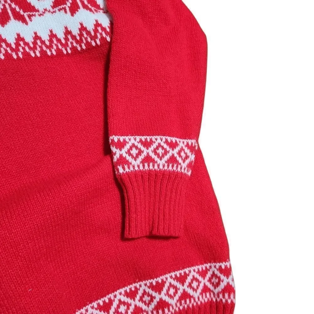 Men's Winter Sweater Large Red White Winter V Neck Fair Isle Nordic Acrylic